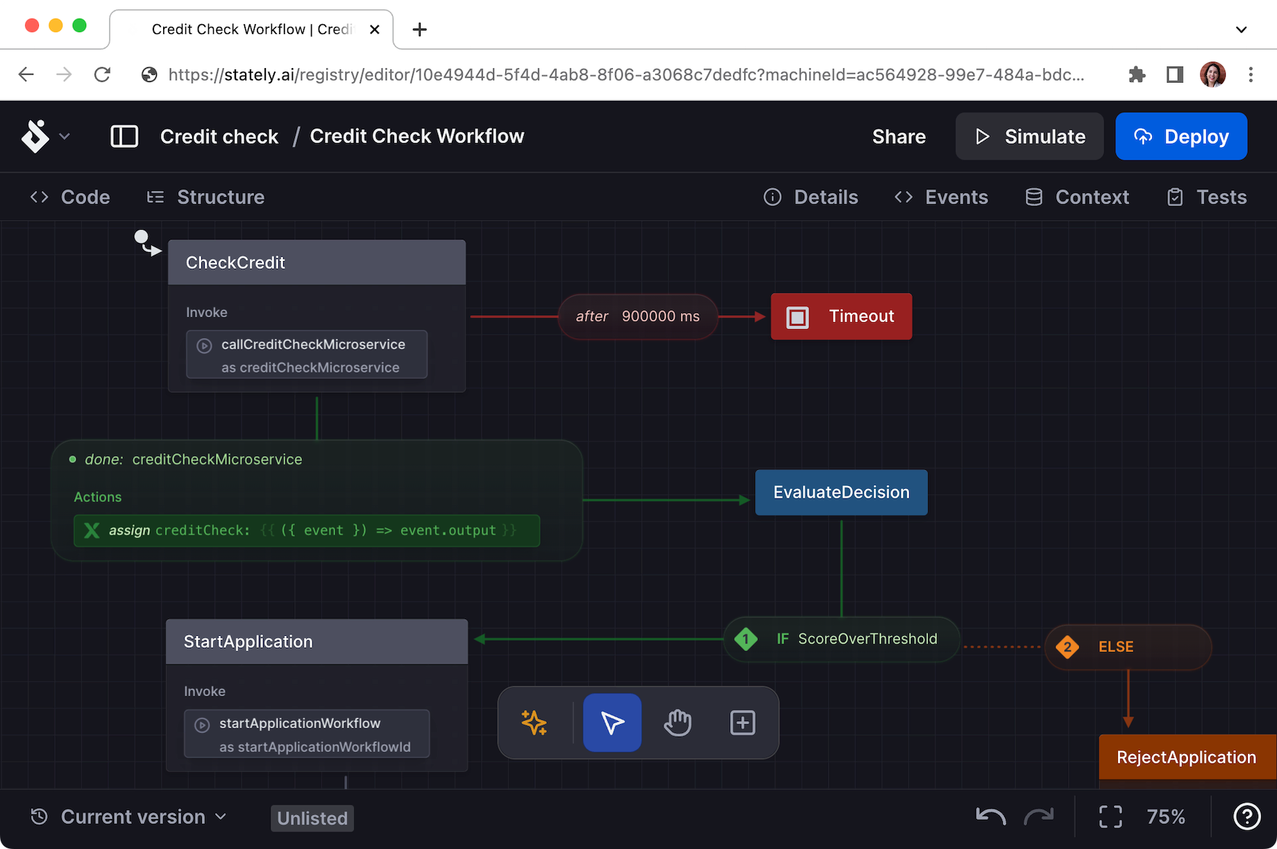 Image of a state machine in the Stately Studio visual editor